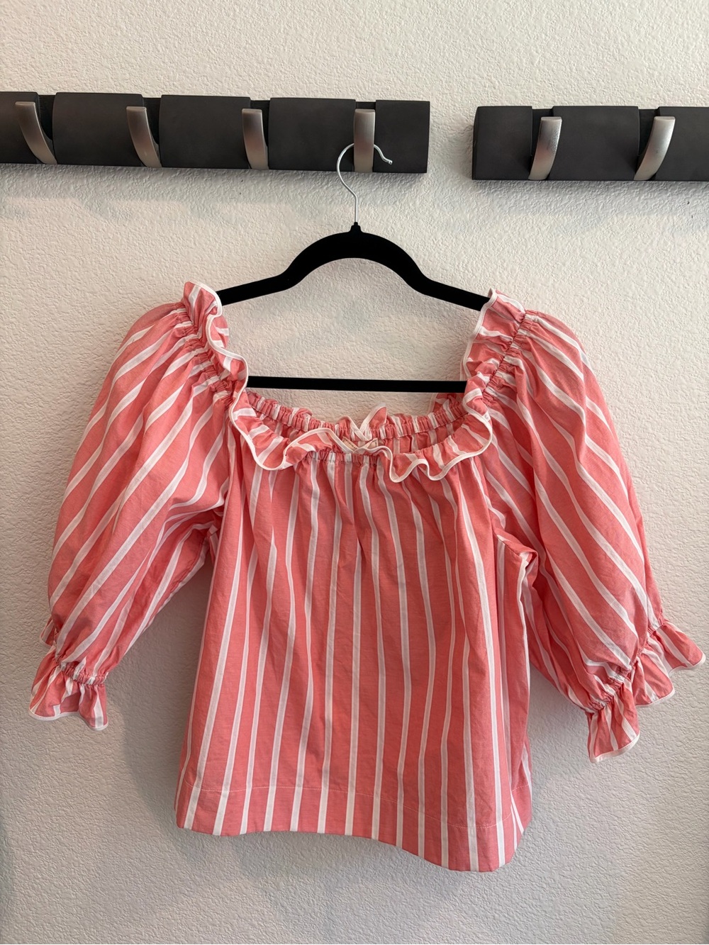 Sezane Pink and White Striped On/Off-Shoulder Blouse